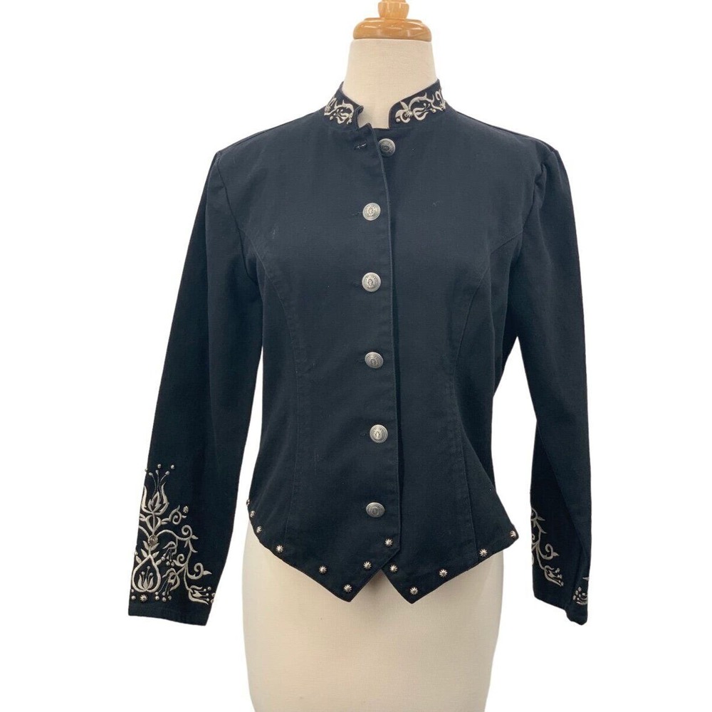 Stonebridge Petites LS Button Front Black Denim Jacket Embroidered Studded‎ 8P